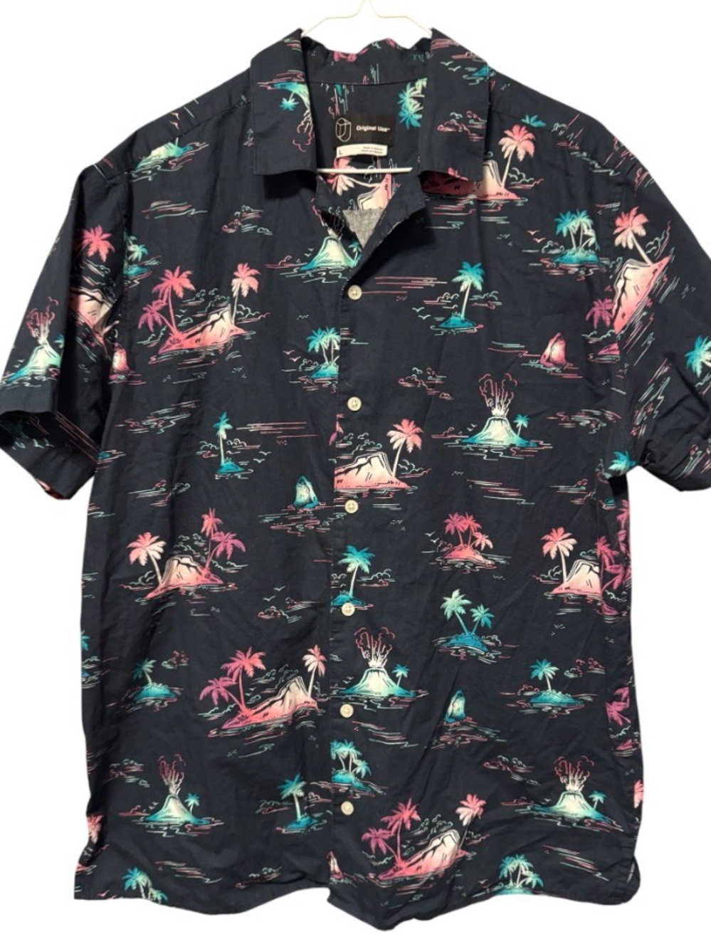 Mens Original Use Black Tropical Print Short-Sleeve Button-Up Shirt L